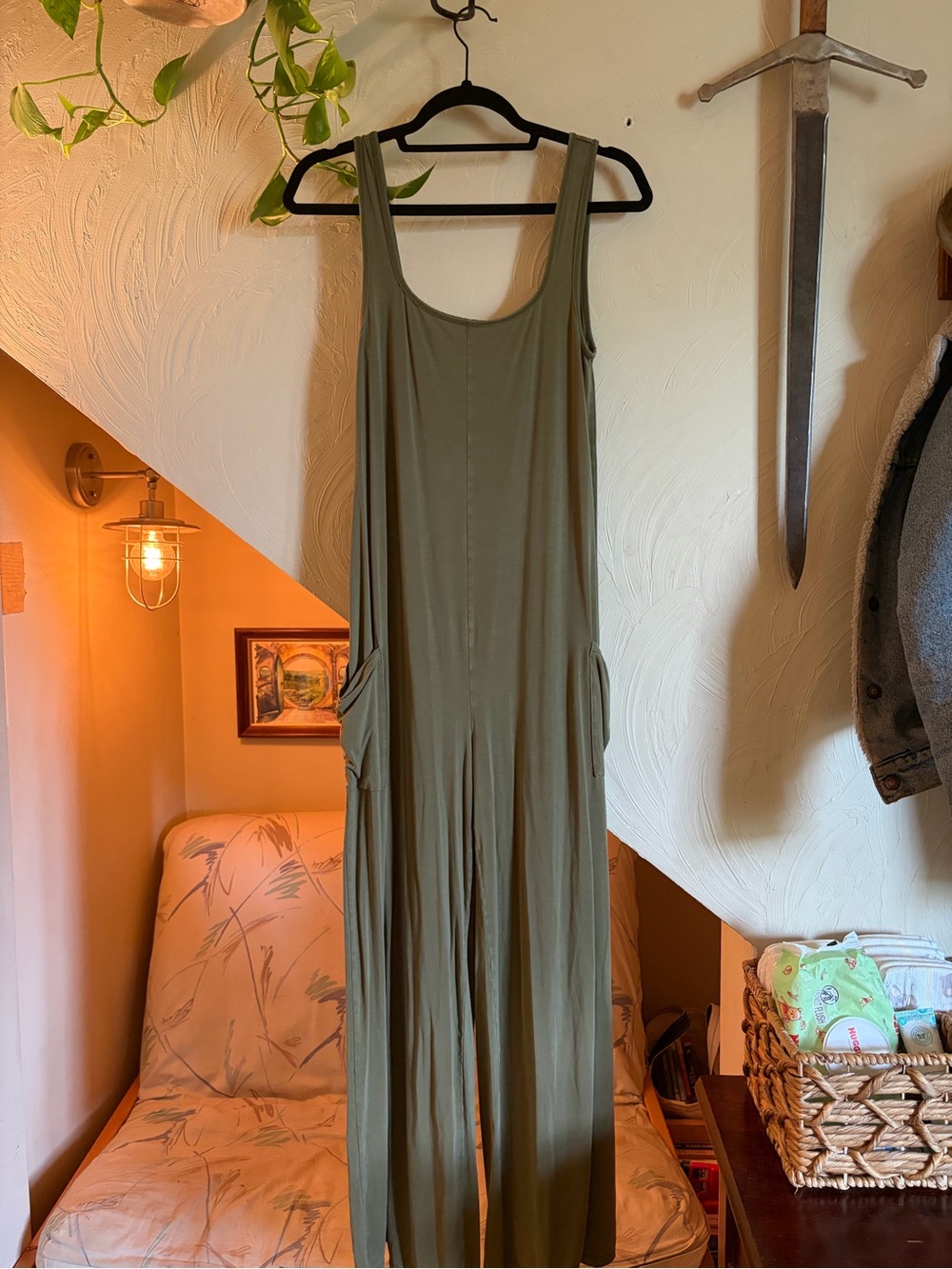 Paper Label Olive Scoop-Neck Jumpsuit